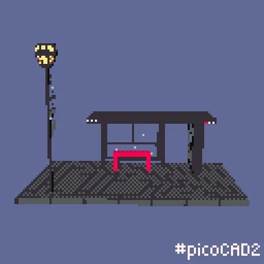 spinning pixelated 3D model of a london bus stop and shelter. one ad is of ducks by a river saying "visit!" and the other ad spot has a person in a mask surrounded by hearts