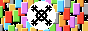 a black X with a circle in the middle and bars on each spoke, on a white circle, on a background of colourful rectangles
