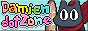 damien dot zone, in bubbly rainbow text next to a black cat with a red scarf and a baguette